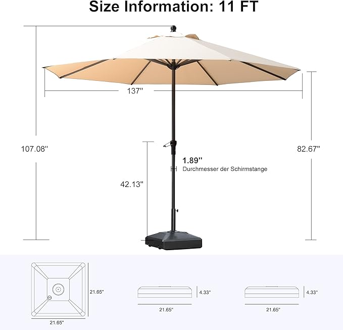 PURPLE LEAF 11' Round Patio Market Umbrella with Base Outdoor Table Umbrellas Aluminum Frame Sun Shade with 8 Sturdy Ribs for Garden Deck Lawn Pool Beige
