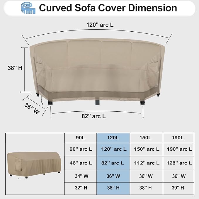 OutdoorLines Waterproof Curved Outdoor Sectional Cover - UV Resistant Windproof Patio Sectional Sofa Covers for Deck, Lawn and Backyard, Heavy Duty Furniture Covers (120Lx36Dx38Hx82FL, Camel)