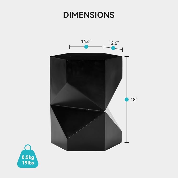 COSIEST MgO Concrete Side Table, 18 Inch Hexagonal Geometric Outdoor End Accent Table, All-Weather Patio Garden Stool, Modern Plant Stand & Coffee Table for Balcony Backyard, Black, 1 Pack