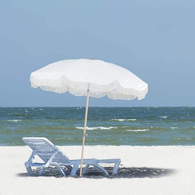 Tempera 7ft Boho Beach & Patio Umbrella with Fringe, Market Umbrellas with UPF 50+ UV & Water-Resistant Canopy, 1.5" Wood Pole & Button Tilt.
