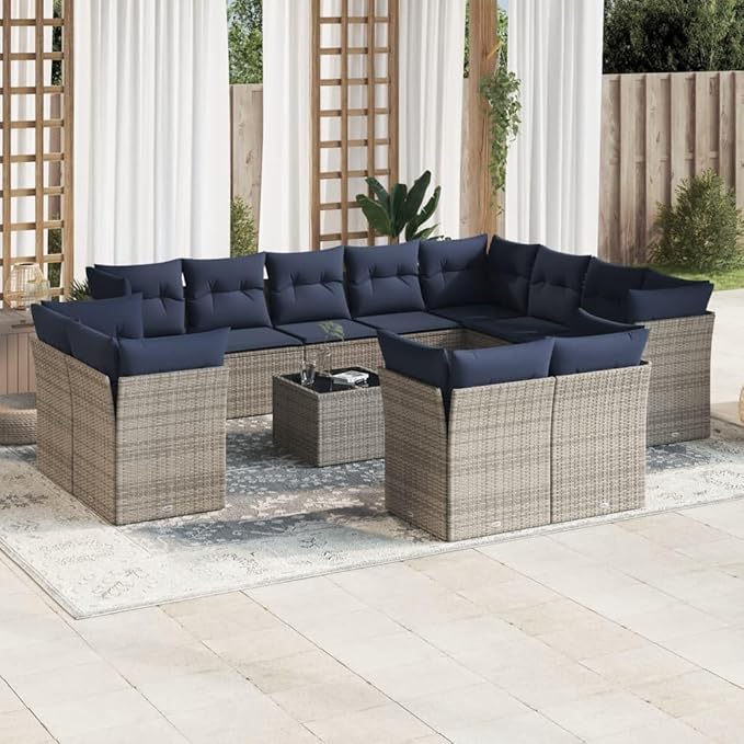 vidaXL Patio Sofa Set with Cushions 13 Piece, Sectional Sofa with Glass Table, Outdoor Conversation Set, Modern Style, Gray Poly Rattan