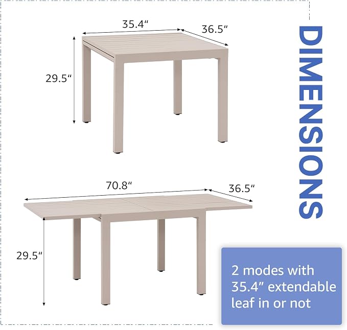 Soleil Jardin Aluminum Patio Extendable Dining Table, 35" - 71", Adjustable Indoor Outdoor Furniture Rectangle Table for 4-6 Person Porch Deck Garden, Flaxen