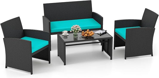 Tangkula 4 Pieces Patio Wicker Furniture Set, Outdoor Heavy Duty Rattan Cushioned Chairs, Loveseat and Tempered Glass Coffee Table, for Backyard, Balcony, Poolside (Turquoised,1)