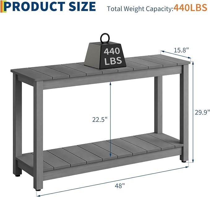 Garvee 48-Inch Outdoor Console Table - 2-Shelf Weatherproof Patio Buffet Table with Adjustable Feet, All-Weather Entryway & Bar Table for Patio, Porch, Backyard