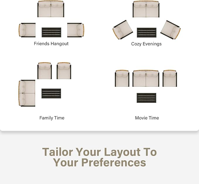 LAUSAINT HOME 4 Pieces Wicker Patio Conversation Set, Oversized Outdoor Furniture with Soft Cushions & 2 Tier Storage Coffee Table - for Backyard, Garden, Patio (Beige)
