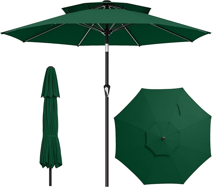 AreShark 10ft 2 Tiers Patio Umbrella - Outdoor Umbrella Waterproof UV Protection, Market Table Umbrella w/Push Button Tilt&Crank for Pool, Porch, Garden(Dark Green)
