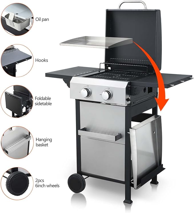 2-Burner Propane Gas BBQ Grill with Wire Enamel Cooking Grids & SS Plancha, 24,600 BTU Output Stainless Steel Grill with Foldable Side Table and Hanging Basket for Outdoor Backyard Barbecue