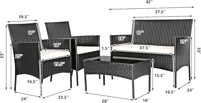 HAPPYGRILL 8 Pieces Patio Furniture Set Rattan Wicker Conversation Set with Tempered Glass Top Table, Outdoor Wicker Sofa Set with Removable Cushions for Poolside Garden Backyard