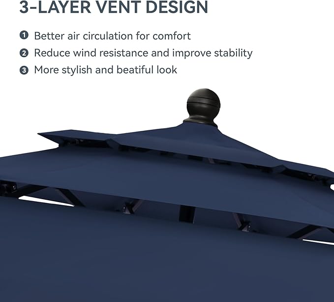 GREEN PARTY 10ft Outdoor Patio Umbrella, [Auto-Tilting] 3 Tiers Market Table Umbrellas with 1.5" Pole, 8 Sturdy Ribs, 3-Year-Non-Fading for Garden Deck Pool Backyard, Navy Blue