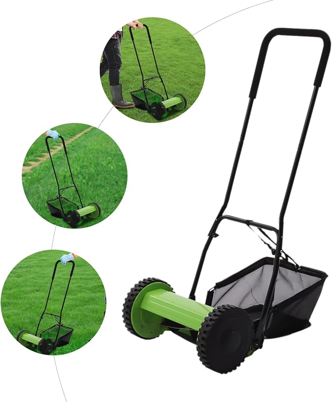 12 Inch Push Reel Lawn Mower 5 Blades Grass Catcher Manual Lawn Mowers Walk with Adjustable Height Black/Green Roller Lawn Mower for Picking up Leaves Grass and Debris on Lawns