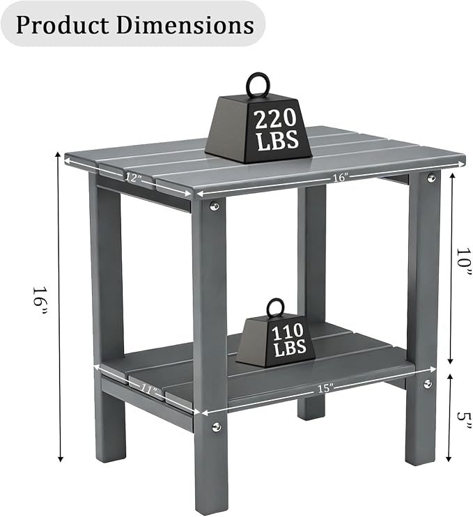 OTSUN Adirondack Outdoor Side Table, 16" HDPE Patio Side Table with Shelf, Weather Resistant Easy Maintenance for Backyard Pool Porch Garden & Lawn