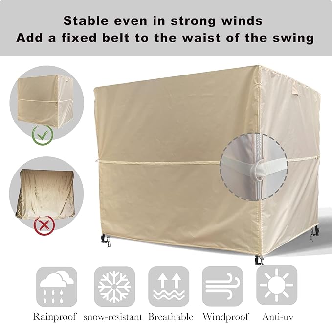 Outdoor Swing Cover 3 Triple Seater Hammock Cover Garden Swing Cover Garden Hammock Glider Chair Cover Patio Furniture Cover UV Resistant Swing Canopy Cover All Weather Protection Beige