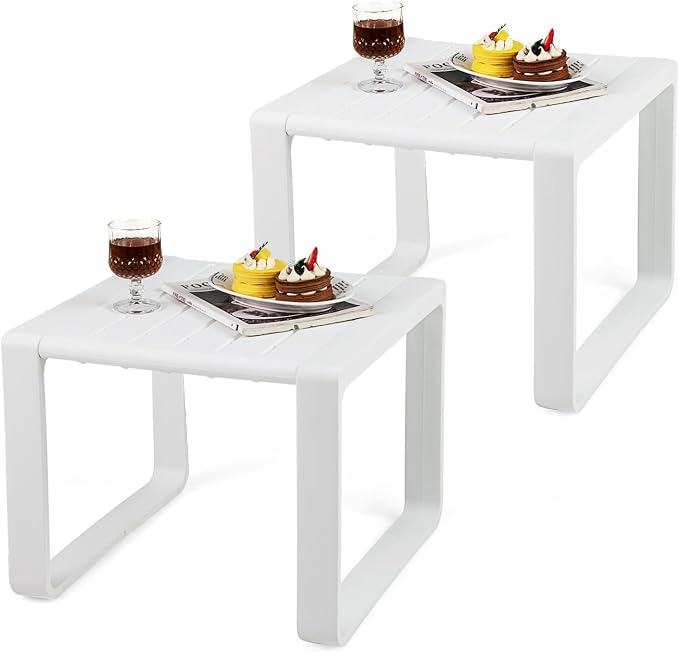 Tangkula Outdoor Side Table Set of 2, 18” Weather Resistant Adirondack Table, Patio End Table, Small Coffee Bistro Table, Indoor & Outdoor Chair Side Table for Porch, Deck, Garden, Yard (White)