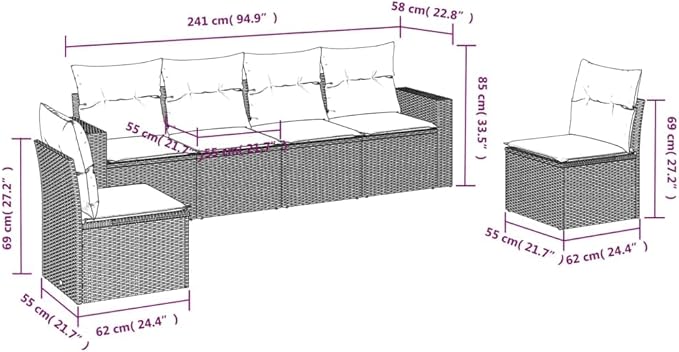 6 Piece Patio Sofa Set with Cushions, Garden Lounge Set Patio Conversation Set Sectional Sofa Outdoor Sofa Sets for Piazza Garden Poolside Exhibition Black Poly Rattan