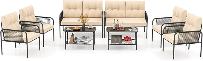 Tangkula 8 Pieces Patio Furniture Set, PE Rattan Sofa Chairs with Loveseat, Tempered Glass Coffee Table and Soft Cushions, Outdoor Conversation Set for Porch, Backyard, Garden and Poolside