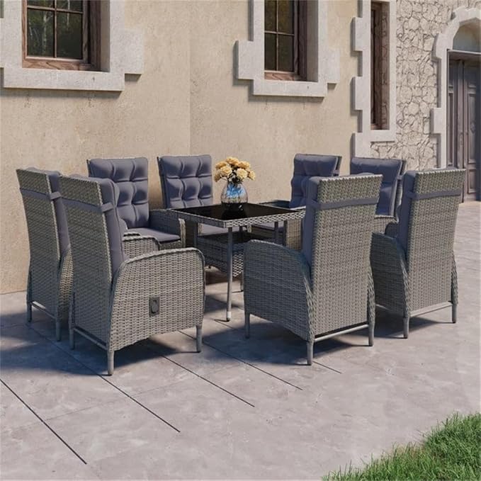 Afuera Living Synthetic Poly Rattan Patio Dining Set, 47.2 x 47.2 in Table, Gray Finish, 8 Armchairs with Cushions, Weather-Resistant, Modern Outdoor Furniture for Garden, Terrace, Backyard Dining