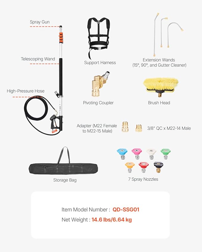 VEVOR Pressure Washer Telescoping Wand, 24 ft, 4000 psi, Telescopic Spray Wand with Power Washer Extension Wands, Gutter Cleaner, Brush Head, Pivoting Coupler, 7 Spray Nozzles and Support Harness