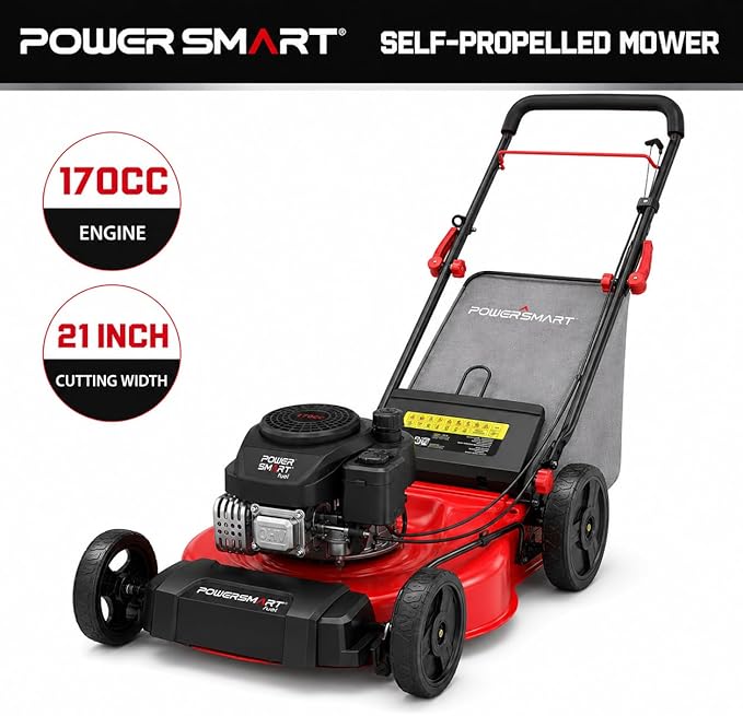 PowerSmart 21-Inch 3-in-1 Gas Self-Propelled Lawn Mower,170CC OHV Engine,Bagging/Mulching/Rear Discharging, 6 Cutting Heights, Durable Steel Deck, Rear-Wheel Drive, for Garden, Yard,