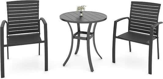 Anmutig 3 Piece Outdoor Dining Set, 27.5" Round Table & 2 Aluminum Chairs | Aluminum Frame, Stackable Chairs, Resin Slat Seating, Round Metal Table, Storage Shelf, Easy Assembly, Patio, Balcony, Garden