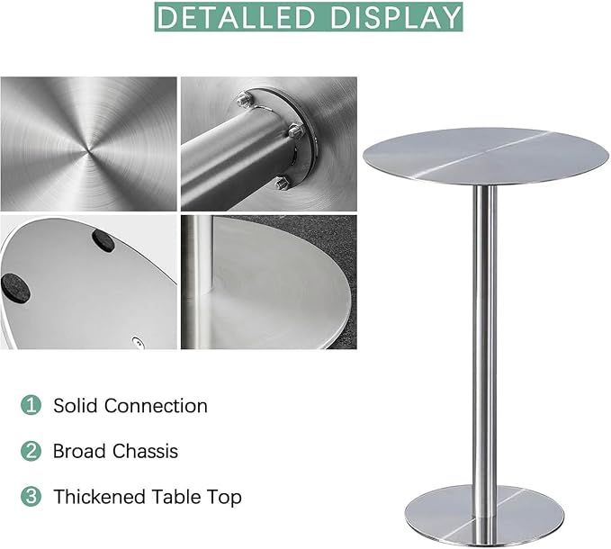 Round Dining Tables Leisure Table with Stainless Steels Table Top and Stable Base for Living Room Balcony Garden Outdoor, Space Saving(50x50x75cm)
