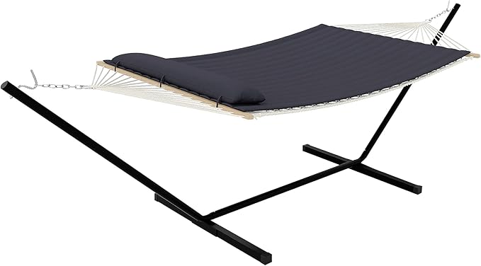 Hammock with Stand, 2 Person Quilted Hammock with Reversible Quilted Pad & Hardwood Spreader Bars, Portable Hammock for Outside, Camping, Patio, Beach