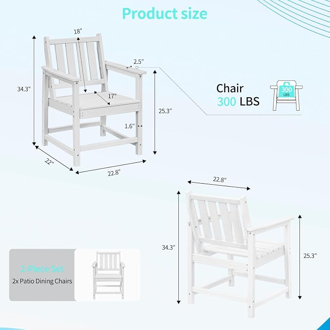 Outdoor Patio Chairs Set of 2, All-Weather Outdoor Patio Dining Chair with Backrest and Armrest, 300 lbs Support HDPE Furniture Garden Chairs for Backyard, Deck, White