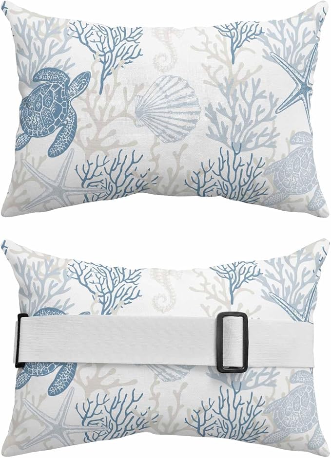 Lumbar Pillow Covers Set of 4, Blue Grey Coastal Waterproof Outdoor Chaise Lounge Pillow Covers with Elastic Strap, Sea Turtle Nautical Coral Summer Beach Headrest Pillowcase for Patio, 12 x 20