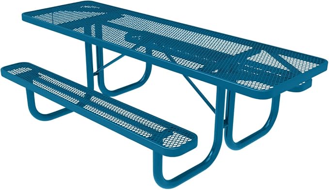 COATEDOUTDOORFURNITURE Heavy-Duty Portable ADA-Compliant Outdoor Picnic Table, Expanded Metal Patio Furniture Made in America (8ft Rectangular, Both-Side Handicap, Light Blue with Light Blue Frames)