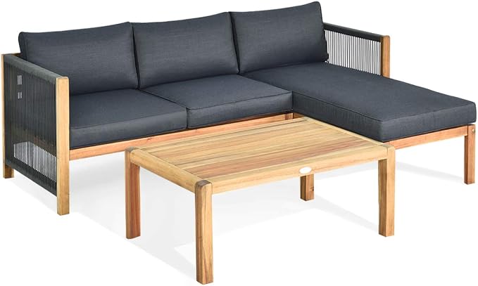 Giantex 3 Piece Outdoor Patio Furniture Set, Acacia Wood Sectional Sofa w/Seat Cushions, Wooden Conversation Seat Couches and Coffee Table, Cushioned Garden Sofa Set for Outdoor Indoor (Grey)