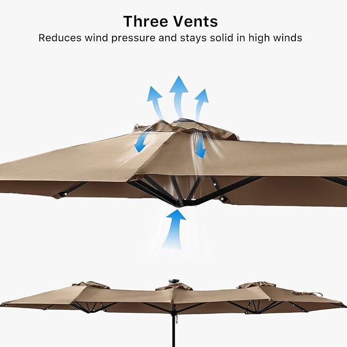 FREE SOLDIER 13ft Patio Umbrella with 36 LED Solar Lights Double Sided Outdoor Umbrella for Patio Table Umbrella with Solar lights for Garden Yard Pool (Tan)