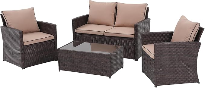 JOIVI Patio Furniture Set, 4 Piece Outdoor Patio Conversation Set, All-Weather PE Rattan Wicker Sectional Patio Sofa Set with Tempered Glass Coffee Table, Brown