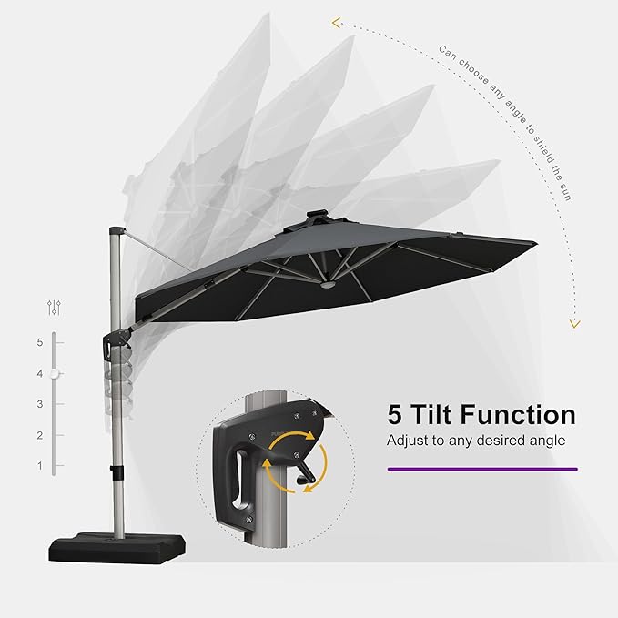 PURPLE LEAF Cantilever Umbrella with base 11ft Outdoor Round Patio Solar Powered LED Umbrella with 360-degree Rotation for Garden Deck Pool Patio, Grey
