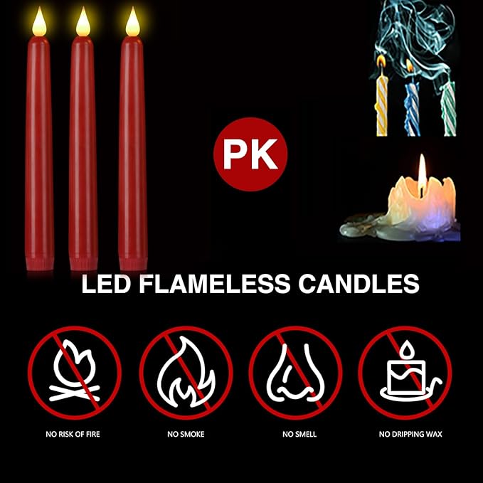 Flameless Taper Candles with Remote Control,6pack Dripless Plastic LED Candles,Flickering Battery Operated,9.2'’Classic Tall Candle for Wedding, Party,Halloween,Christmas,Home Decor (Red)