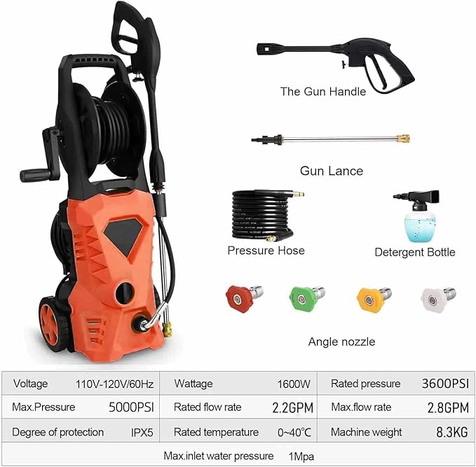 5000PSI Electric Pressure Washer, 3GPM High Power Washer with 4 Pressure Nozzle and Soap Bottle for Home, Car Washing, Fence Cleaning, Patio (Orange)