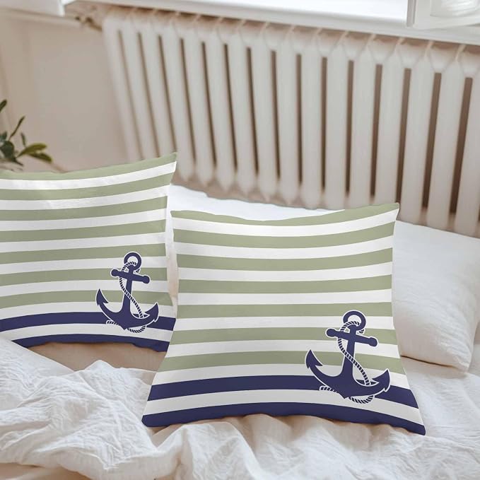 Throw Pillow Covers 16x16 Inch Set of 2, Striped Anchor Waterproof Outdoor Cushion Covers, Navy Blue Nautical Sage Green Geometric Decorative Pillowcases for Couch, Sofa, Bed, Garden, Patio