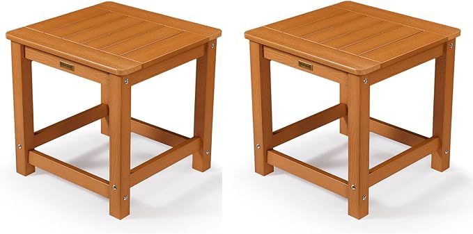 Outdoor Side Table Set of 2, HIPS Plastic Composite Adirondack Patio Table, Weather Resistant End Tables for Outside, Indoor, Patio, Garden, Pool, Porch, Backyard, Lawn, Deck - Teak