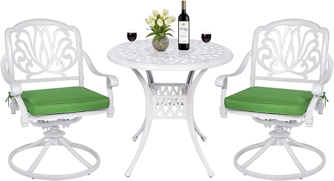 MEETWARM 3-Piece Outdoor Patio Dining Set, All-Weather Cast Aluminum Patio Conversation Set for Backyard Garden Deck with 2 Cushions Swivel Rocker Chairs and 31" Round Table, 2.2" Umbrella Hole, White