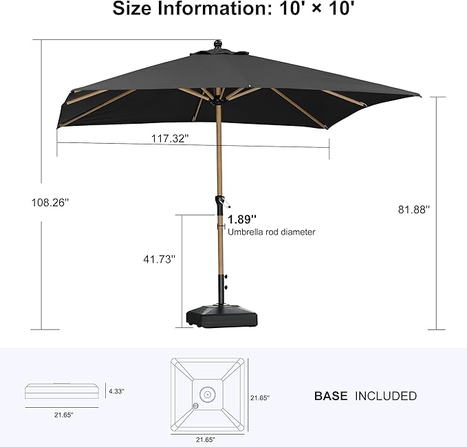 PURPLE LEAF 10' x 10' Square Patio Umbrella with Base Outdoor Umbrella Market Umbrella with Crank & 8 Ribs Aluminum Table Umbrella Outdoor Patio for Backyard, Black