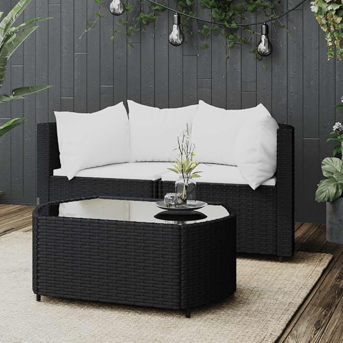 3 Piece Outdoor Patio Lounge Set Black Poly Rattan Modular Sectional Sofa with Coffee Table Weather-Resistant Cushions for Balcony Garden 8.2 x 12.1 x 4.6 in