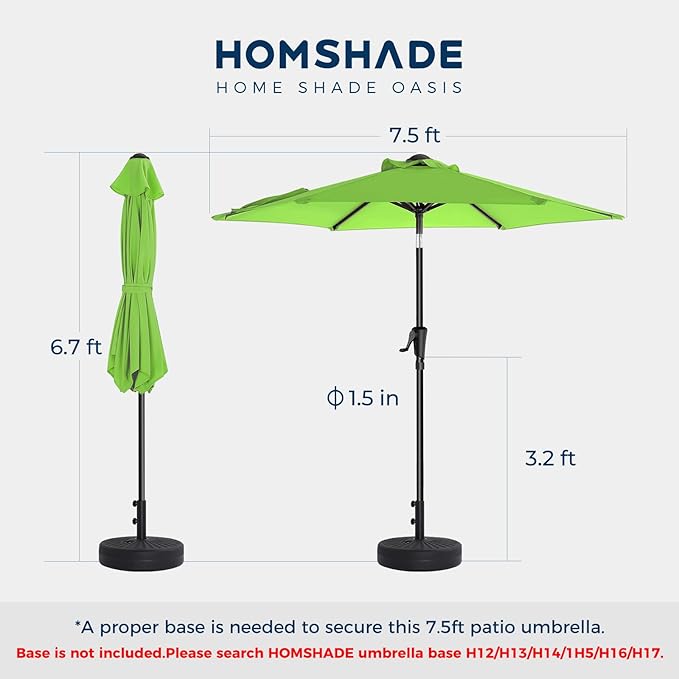HOMSHADE 7.5ft Outdoor Patio Umbrella - Market Table Pool Deck Umbrella UPF50+ UV Protection with Push Button Tilt, Crank and 6 Sturdy Ribs (Apple Green, No base)