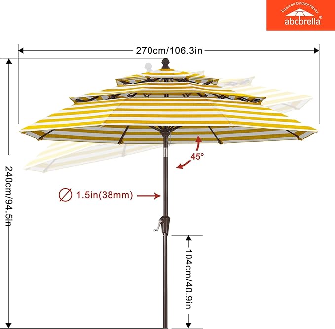 ABCCANOPY 5-Year 10-Year No Fading 9FT 3 Tiers Patio Umbrella, Outdoor Table Umbrella with 8 Sturdy Ribs for Deck, Backyard, Garden, Yard