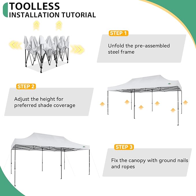 COBIZI 10x20 Pop up Canopy Tent Heavy Duty, Easy Set-up Commercial Outdoor Party Tent, 100% Waterproof Wedding Tents Gazebo, 3 Height Adjustable with Wheeled Bag, Clean White
