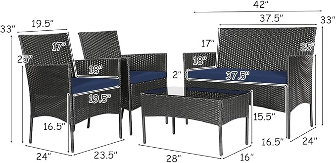 Tangkula 8 Piece Patio Furniture Set, Outdoor Wicker Conversation Set with Tempered Glass Coffee Table, Rattan Loveseat & Chairs Set with Seat Cushions for Backyard, Garden, Poolside (2, Navy)