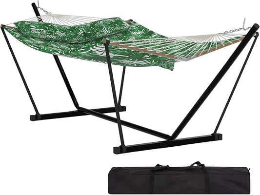12FT Hammock with Stand for Outside,Heavy Duty Hammock Stand and Cotton Polyester Fabric,450lbs Capacity,Carrying Bag,2 Person Hammocks for Patio,Garden,Backyard,Camping, or Beach,Green