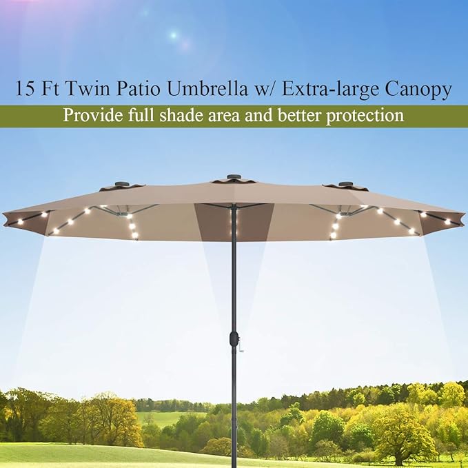Tangkula 15 Ft Solar Patio Umbrella with Base, Extra Large Outdoor Double-Sided Twin Umbrella with 36 LED Lights & Crank Handle for Garden, Deck, Poolside, Patio (Tan)