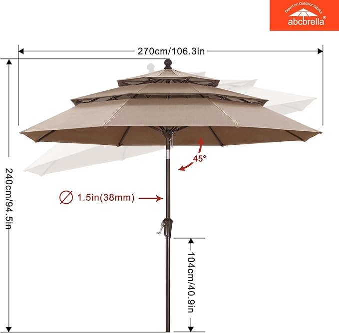 ABCCANOPY 5-Year 10-Year No Fading 9FT 3 Tiers Patio Umbrella, Outdoor Table Umbrella with 8 Sturdy Ribs for Deck, Backyard, Garden, Yard