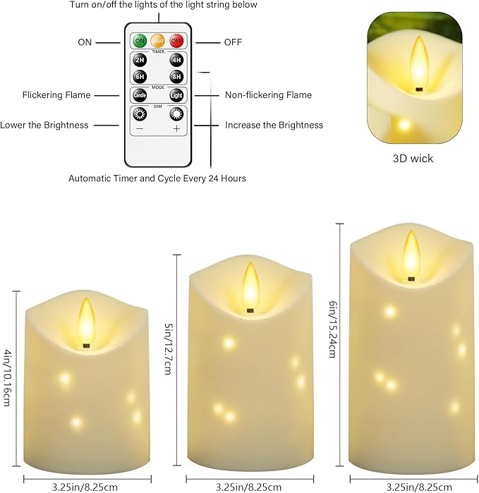 kakoya Outdoor Waterproof Flickering Flameless Candles with Embedded Star String,3Pcs LED Pillar Candles Battery Operated with Remote and Timers for Courtyard,Porch,Camping,Holiday Decoration(Ivory)