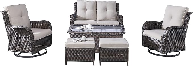 Rilyson Wicker Patio Furniture Set - 6 Piece Rattan Outdoor Sectional Conversation Sets with 2 Swivel Rocking Chairs,2 Ottomans,1 Loveseat and 1 Coffee Table for Porch Deck Garden(Brown/Beige)