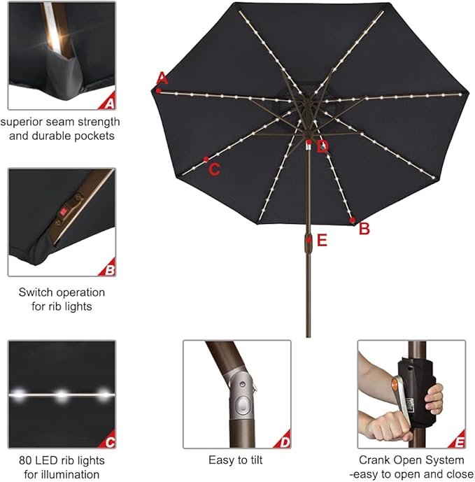 EliteShade USA 10-Year-Non-Fading 9ft Market Patio Umbrella, Commercial Grade Table Sun Umbrella with 80 Solar LED Lights, Crank Open, Windproof & UPF 50+ UV Protection for Garden, Deck, Pool, Backyard, Black