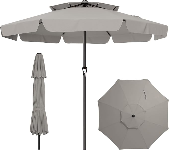 AreShark 12ft 2-Tier Patio Umbrella with Valance - Outdoor Umbrella Waterproof UV Protection, Market Table Umbrella w/ 8 Sturdy Ribs&Crank for Pool, Backyard, Garden(Light Gray)